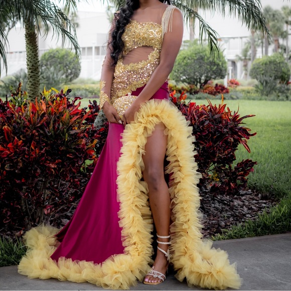 Gold and Magenta PROM dress with ruffle Trim One Shoulder